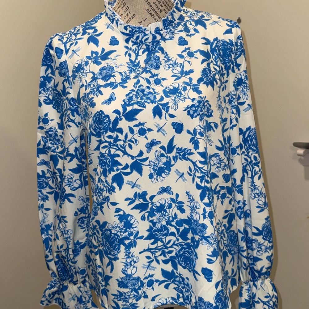 Blue & White Toile de Jouy Ruffle Trim Blous | Woman's Medium | NWNT